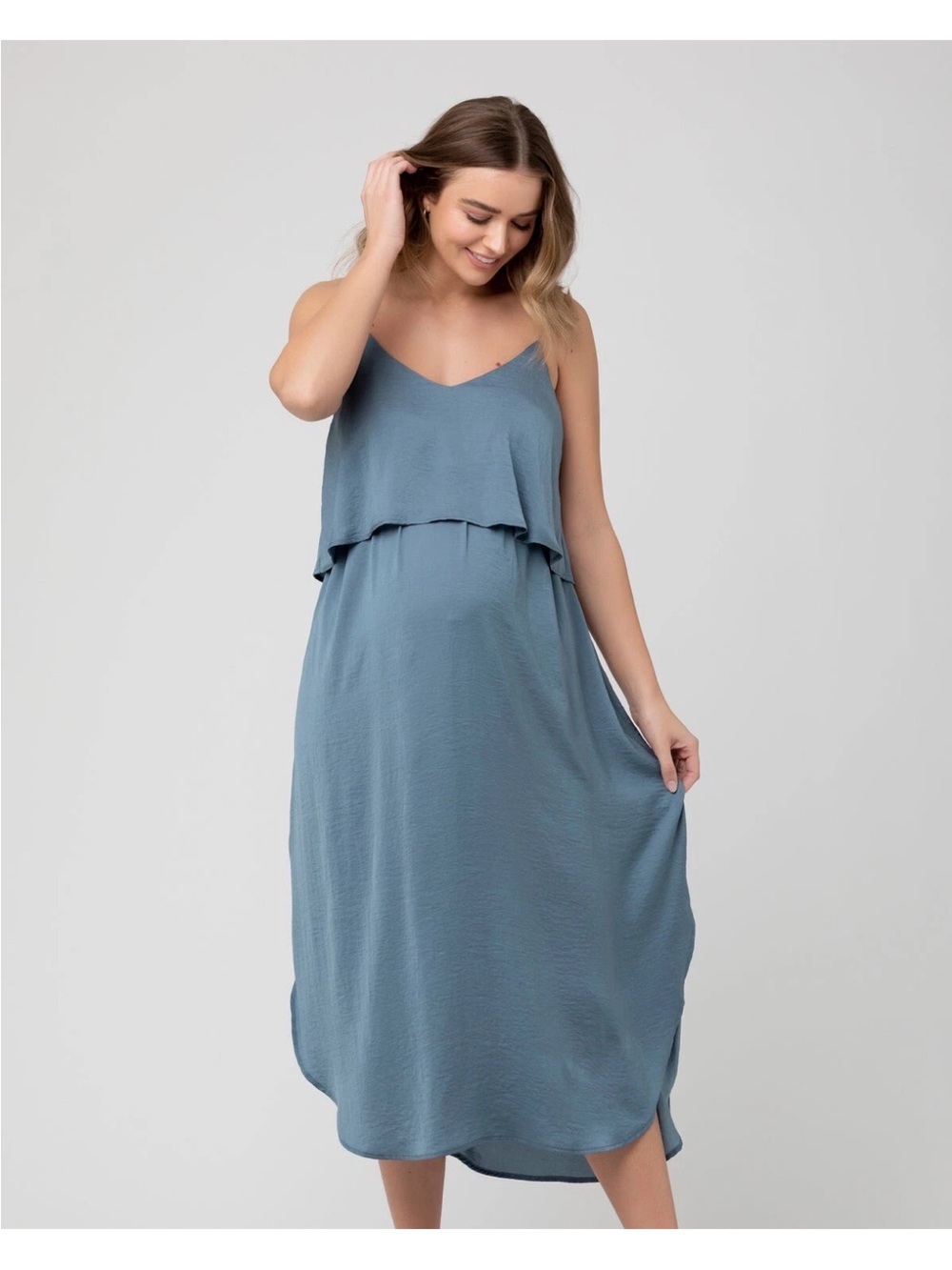 Ripe Dusty Blue Maternity Nursing Layered Midi Dress NWT